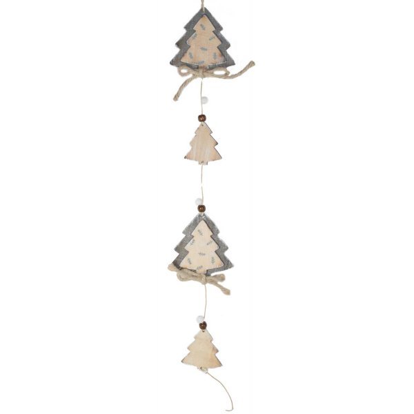 Χριστουγεννιάτικα Κρεμαστά Ξύλινα Δεντράκια, 2 Μικρά και 2 Μεγάλα με Φιογκάκια και Χάντρες (40cm)